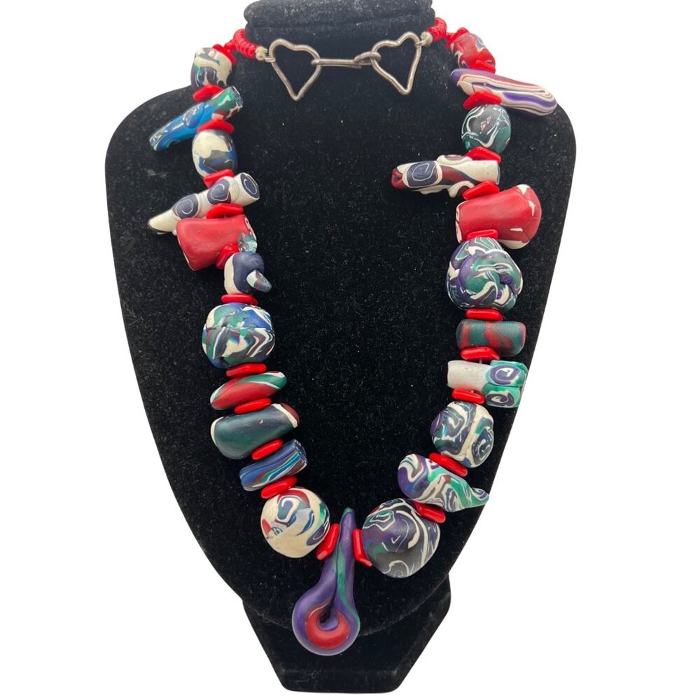 Vintage Handmade Polymer Clay Necklace Sterling Silver Clasp 24" Red Blue Art - Picture 4 of 16